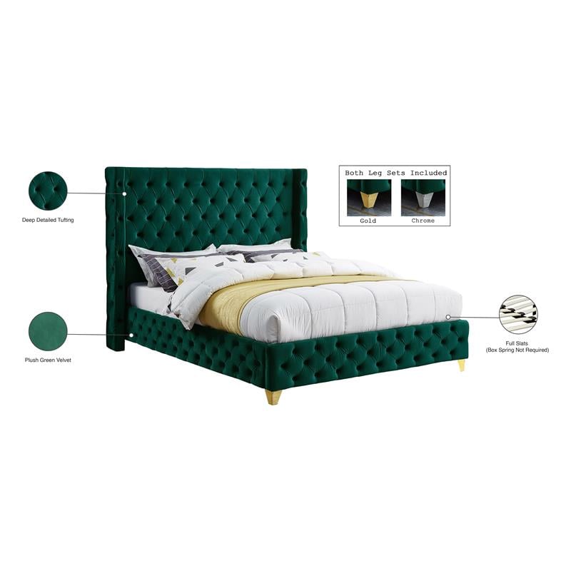 Maklaine Contemporary Upholstery Green Velvet Full Bed