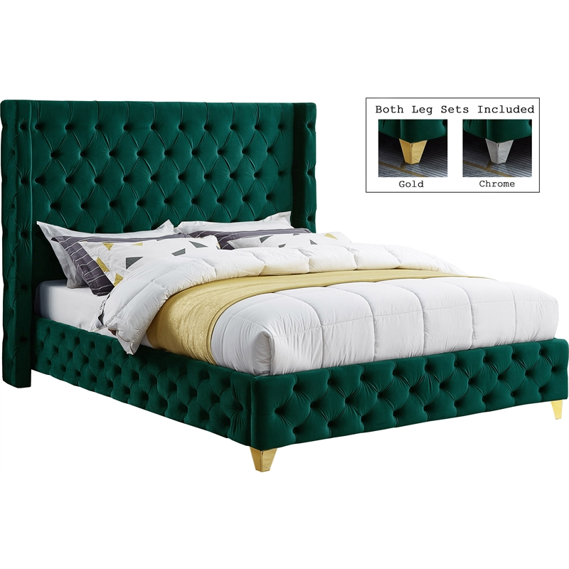 Maklaine Contemporary Upholstery Green Velvet Full Bed