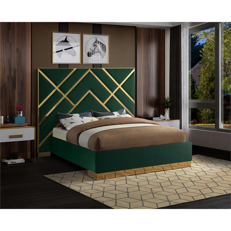 Maklaine Contemporary Rich Velvet Queen Bed in Green