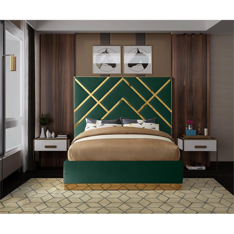 Maklaine Contemporary Rich Velvet Queen Bed in Green