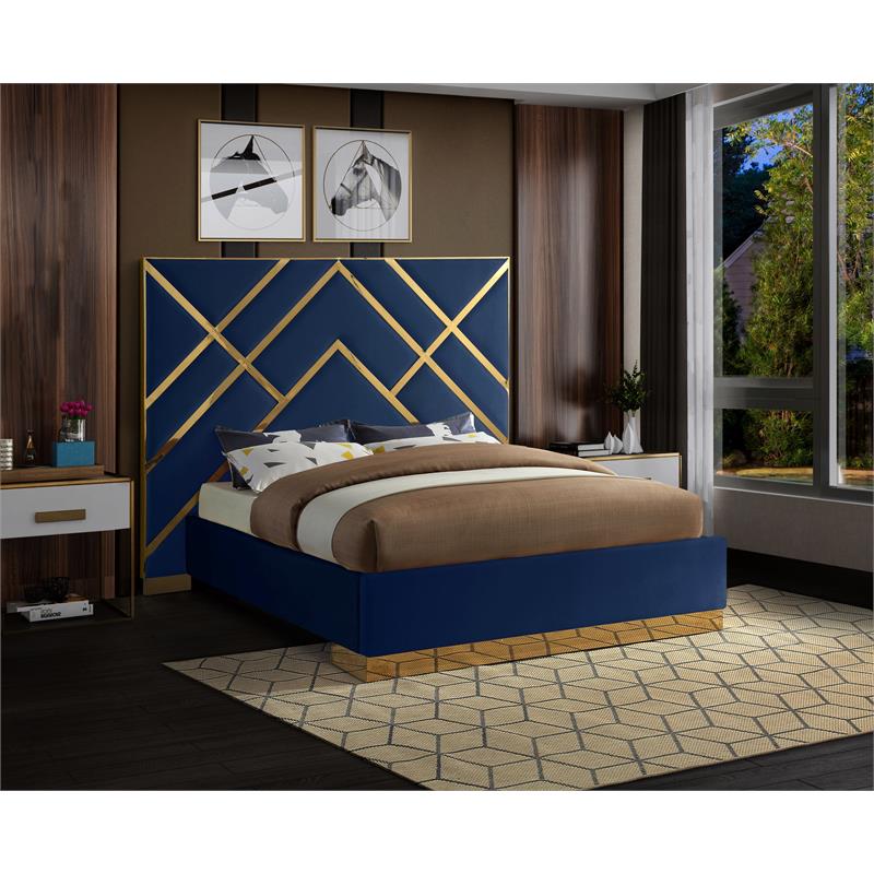 Maklaine Contemporary Rich Velvet King Bed in Navy