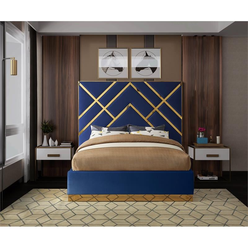 Maklaine Contemporary Rich Velvet King Bed in Navy