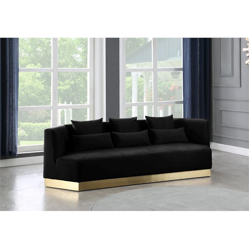 Maklaine Contemporary Velvet/Stainless Steel Sofa in Black/Brushed Gold