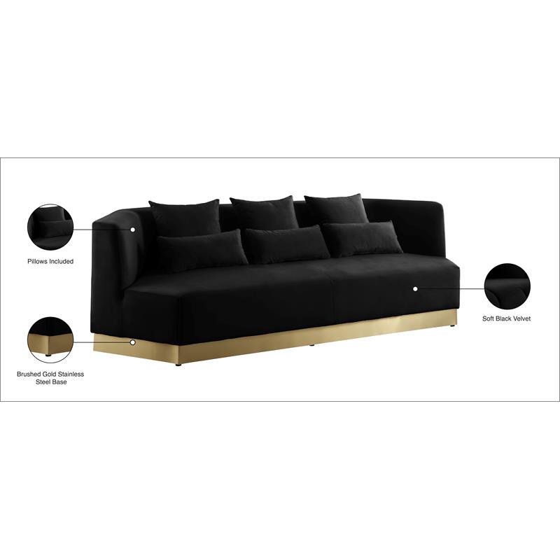 Maklaine Contemporary Velvet/Stainless Steel Sofa in Black/Brushed Gold