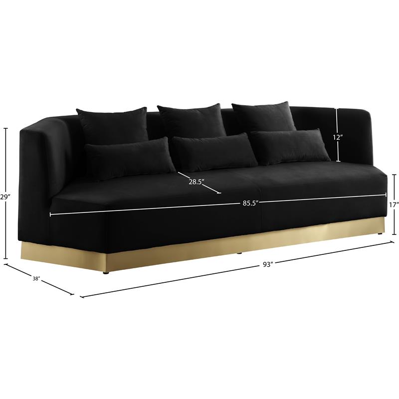 Maklaine Contemporary Velvet/Stainless Steel Sofa in Black/Brushed Gold