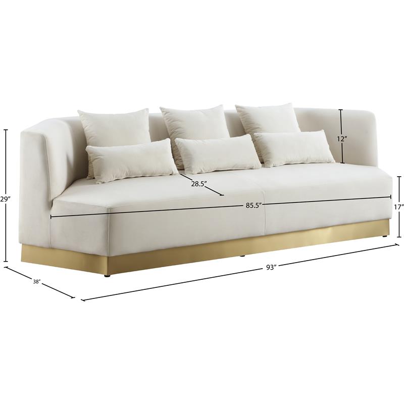Maklaine Contemporary Velvet/Stainless Steel Sofa in Cream/Brushed Gold