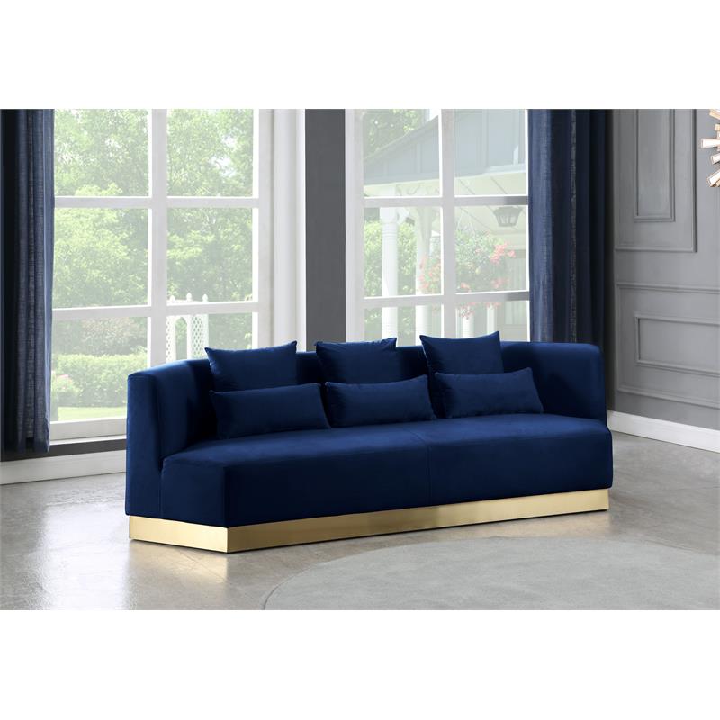 Maklaine Contemporary Velvet/Stainless Steel Sofa in Navy/Brushed Gold