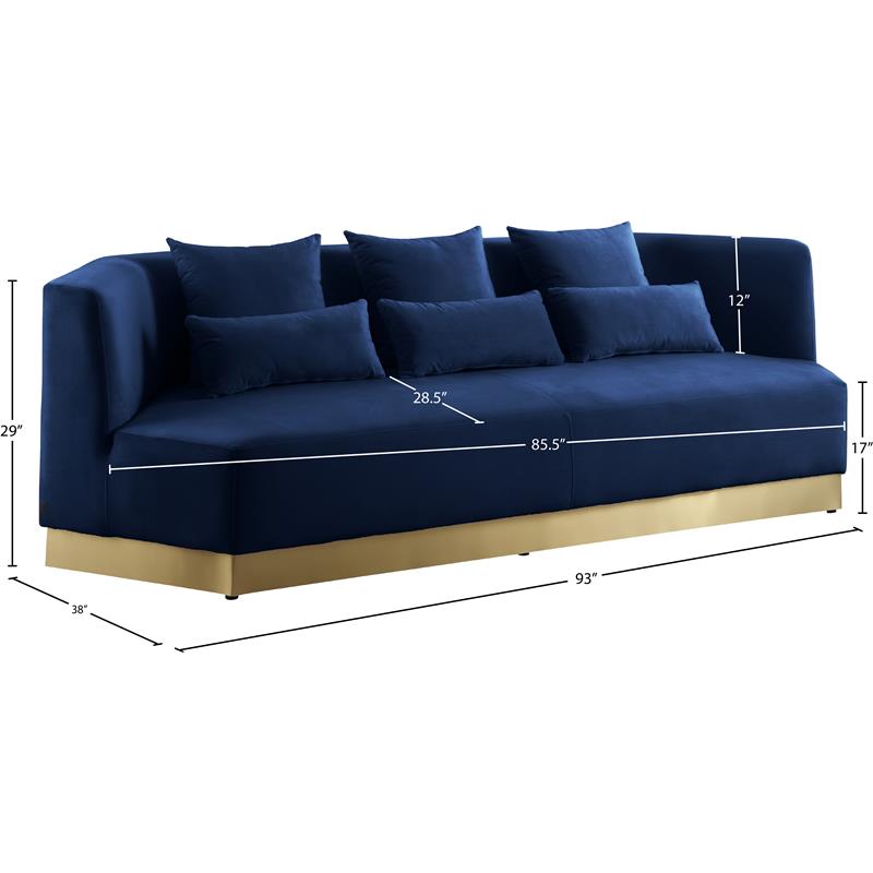 Maklaine Contemporary Velvet/Stainless Steel Sofa in Navy/Brushed Gold