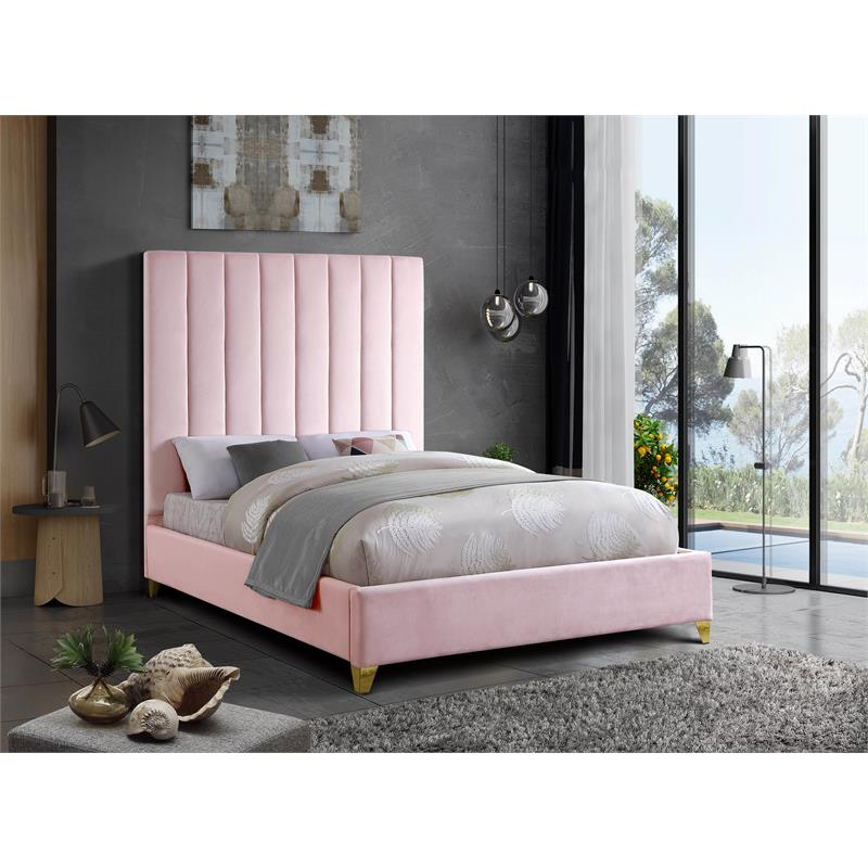 Maklaine Contemporary Rich Velvet King Bed in Pink