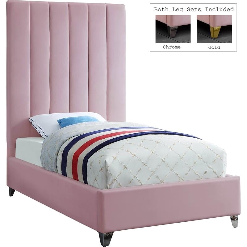 Maklaine Modern Rich Velvet Upholstered Twin Size Bed in Pink