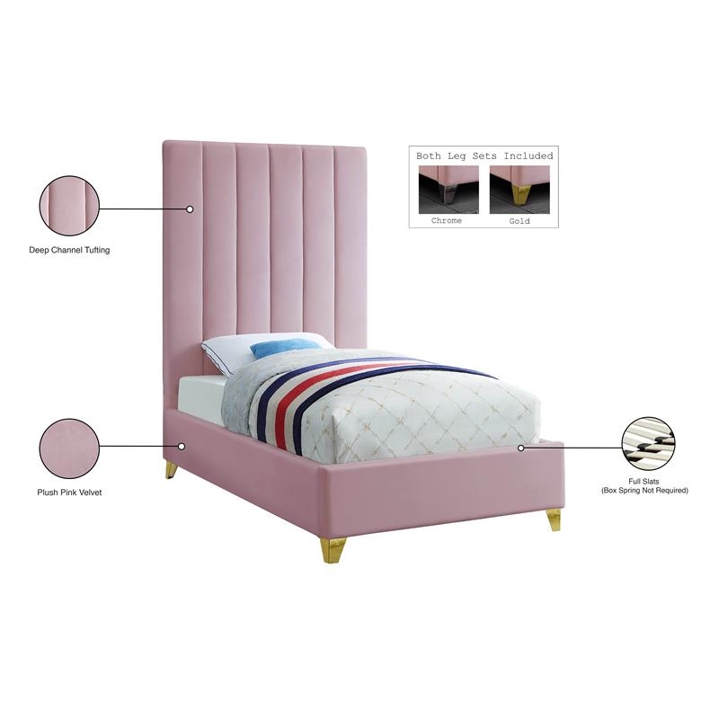 Maklaine Modern Rich Velvet Upholstered Twin Size Bed in Pink
