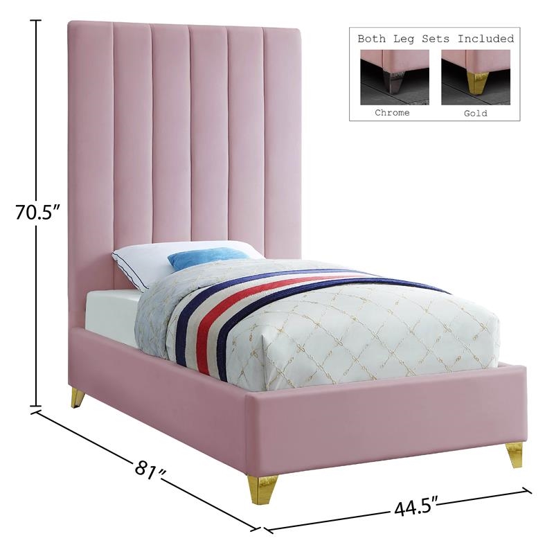 Maklaine Modern Rich Velvet Upholstered Twin Size Bed in Pink