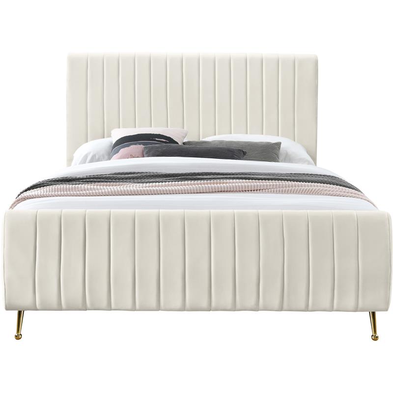 Maklaine Contemporary Upholstery Cream Velvet Queen Bed