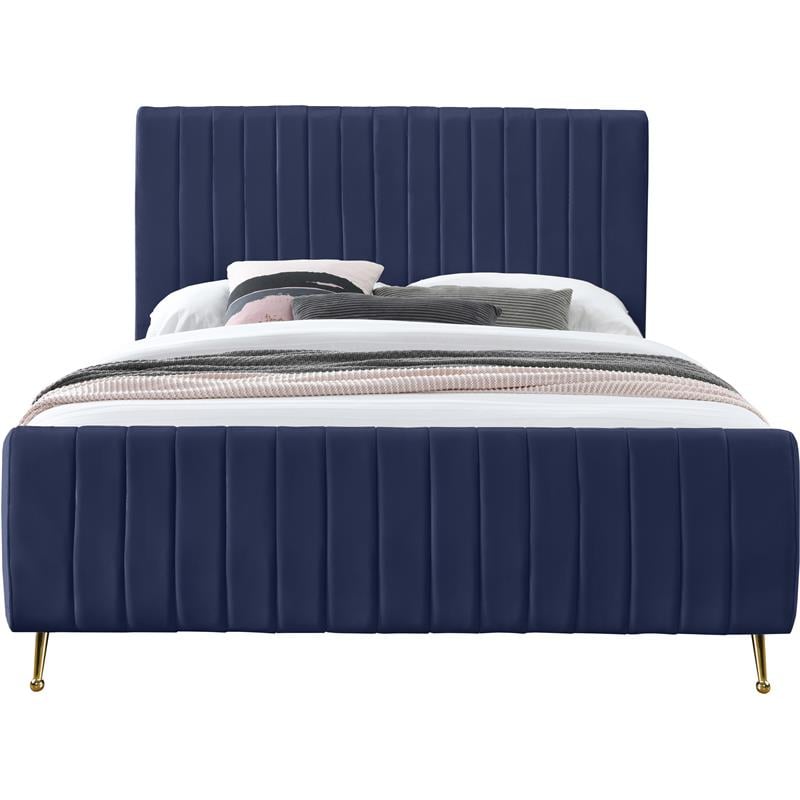 Maklaine Contemporary Upholstery Navy Velvet Queen Bed