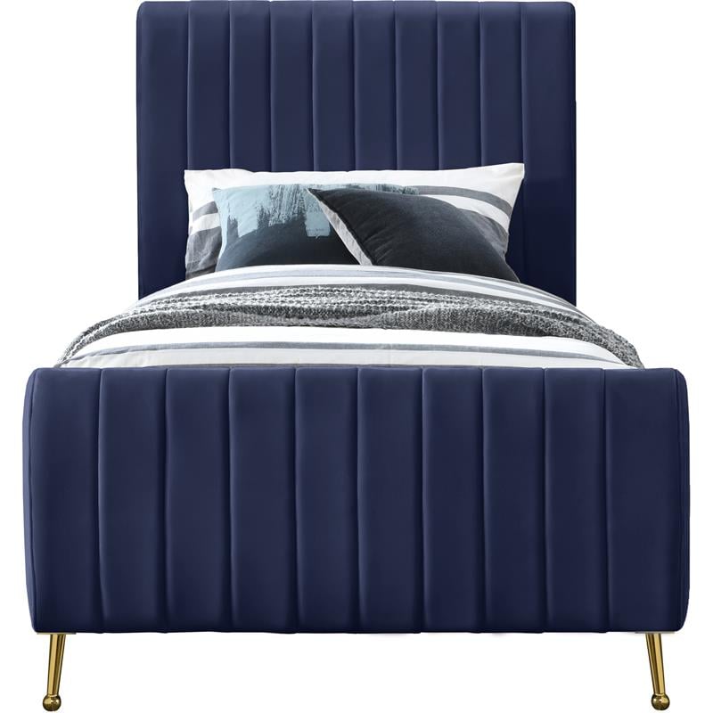 Maklaine Contemporary Upholstery Navy Velvet Twin Bed