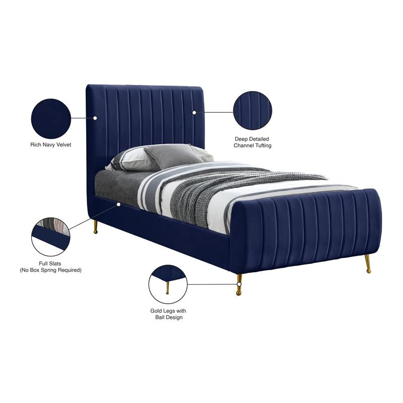 Maklaine Contemporary Upholstery Navy Velvet Twin Bed