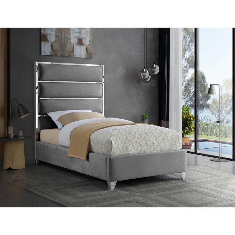 Maklaine Contemporary Solid Wood and Rich Velvet Twin Bed in Gray