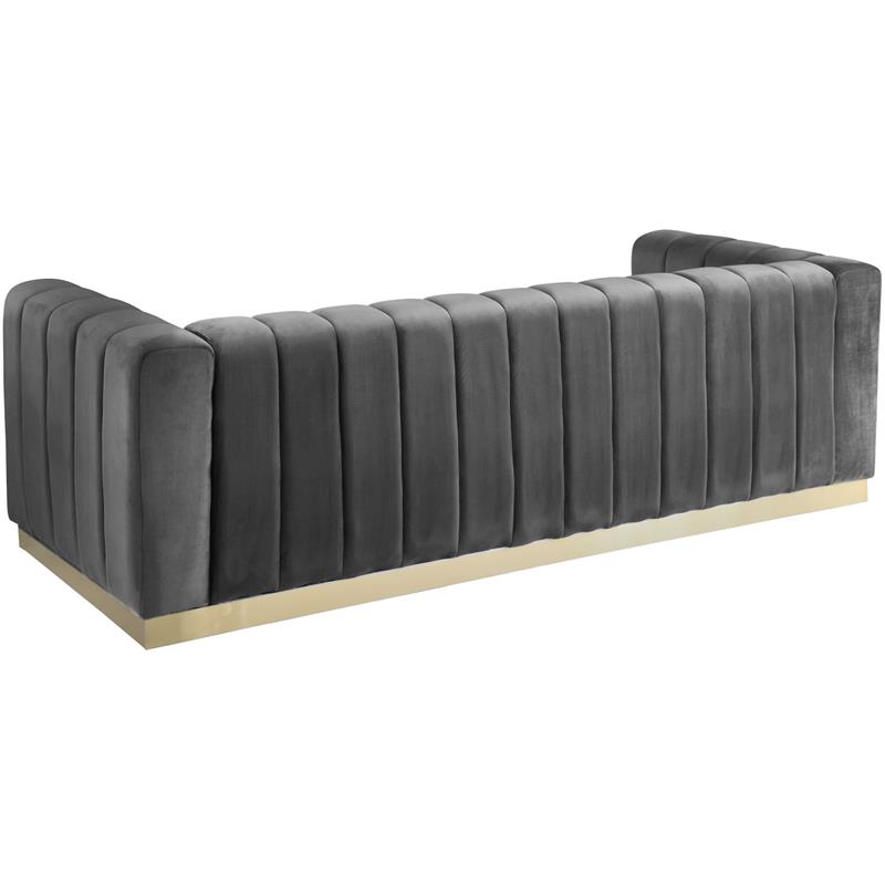 Maklaine Contemporary Velvet/Stainless Steel Sofa in Gray/Brushed Gold
