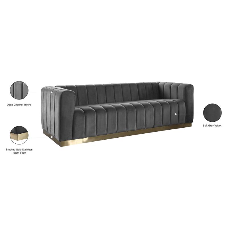 Maklaine Contemporary Velvet/Stainless Steel Sofa in Gray/Brushed Gold