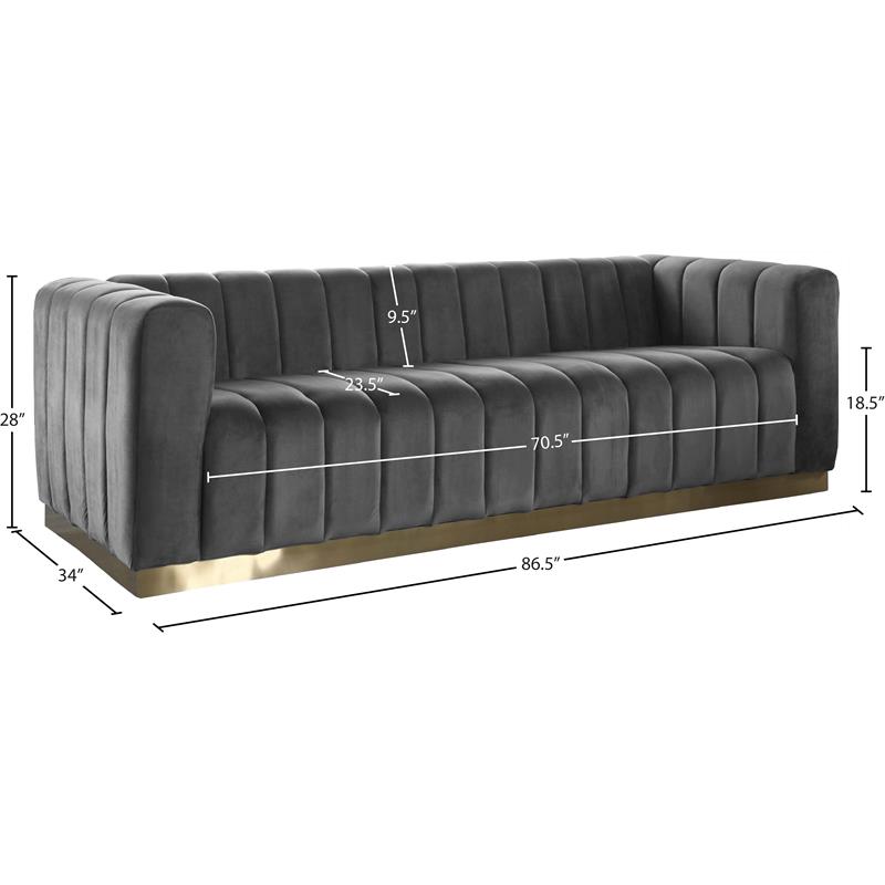 Maklaine Contemporary Velvet/Stainless Steel Sofa in Gray/Brushed Gold