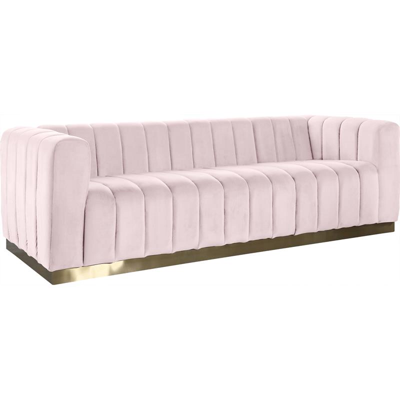 Maklaine Contemporary Velvet/Stainless Steel Sofa in Pink/Brushed Gold