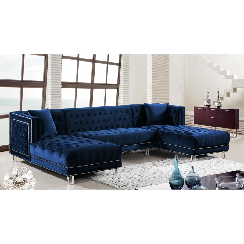 Maklaine Contemporary 3pc Velvet Sectional in Navy