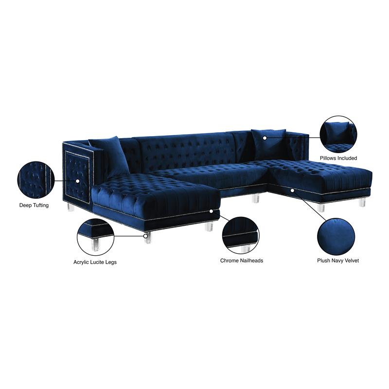 Maklaine Contemporary 3pc Velvet Sectional in Navy