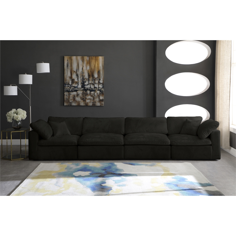 Maklaine Contemporary Black Velvet Modular 4 Piece Sofa
