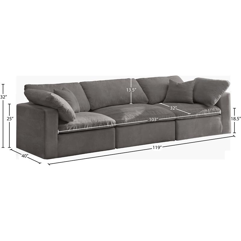 Maklaine Contemporary Gray Velvet Modular 3 Piece Sofa