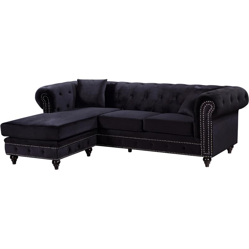 Maklaine Contemporary 2pc Velvet Reversible Sectional in Black