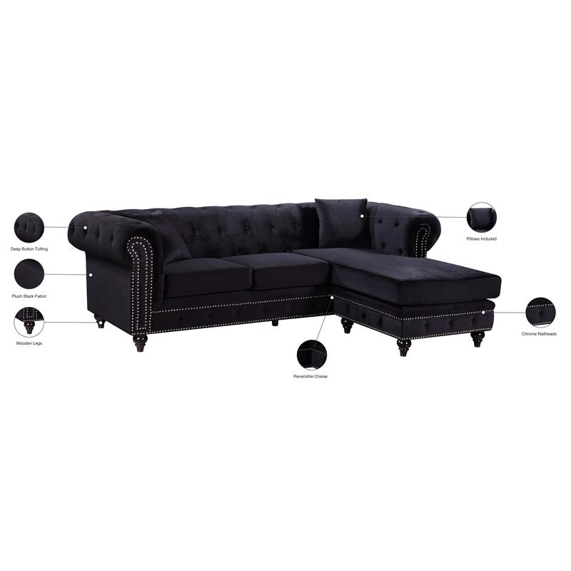 Maklaine Contemporary 2pc Velvet Reversible Sectional in Black