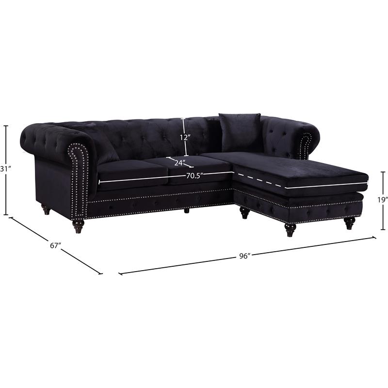 Maklaine Contemporary 2pc Velvet Reversible Sectional in Black