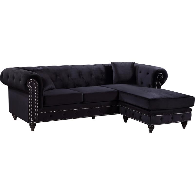 Maklaine Contemporary 2pc Velvet Reversible Sectional in Black
