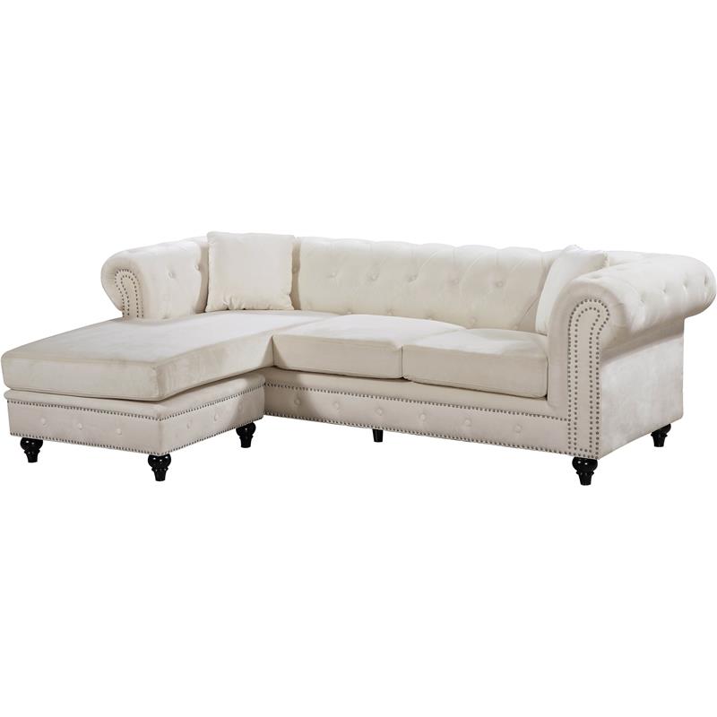 Maklaine Contemporary 2pc Velvet Reversible Sectional in Cream