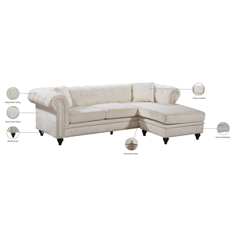 Maklaine Contemporary 2pc Velvet Reversible Sectional in Cream