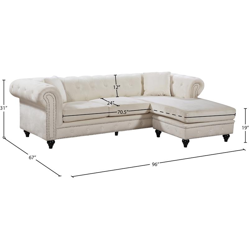 Maklaine Contemporary 2pc Velvet Reversible Sectional in Cream