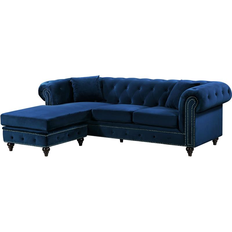 Maklaine Contemporary 2pc Velvet Reversible Sectional in Navy