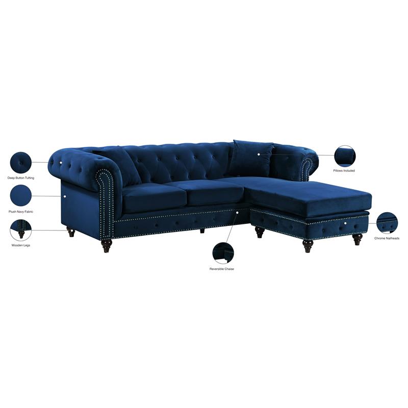 Maklaine Contemporary 2pc Velvet Reversible Sectional in Navy