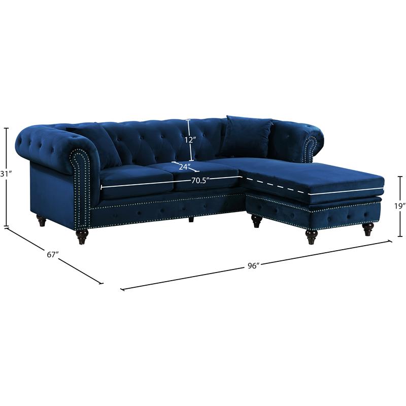 Maklaine Contemporary 2pc Velvet Reversible Sectional in Navy