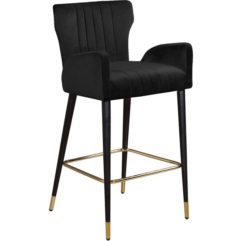 Maklaine Velvet Bar Stool Chair Set of 2 in Black - Semi-circle Seat & Footrest
