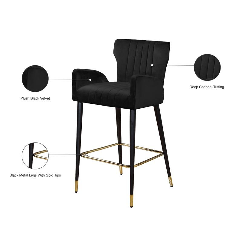 Maklaine Velvet Bar Stool Chair Set of 2 in Black - Semi-circle Seat & Footrest