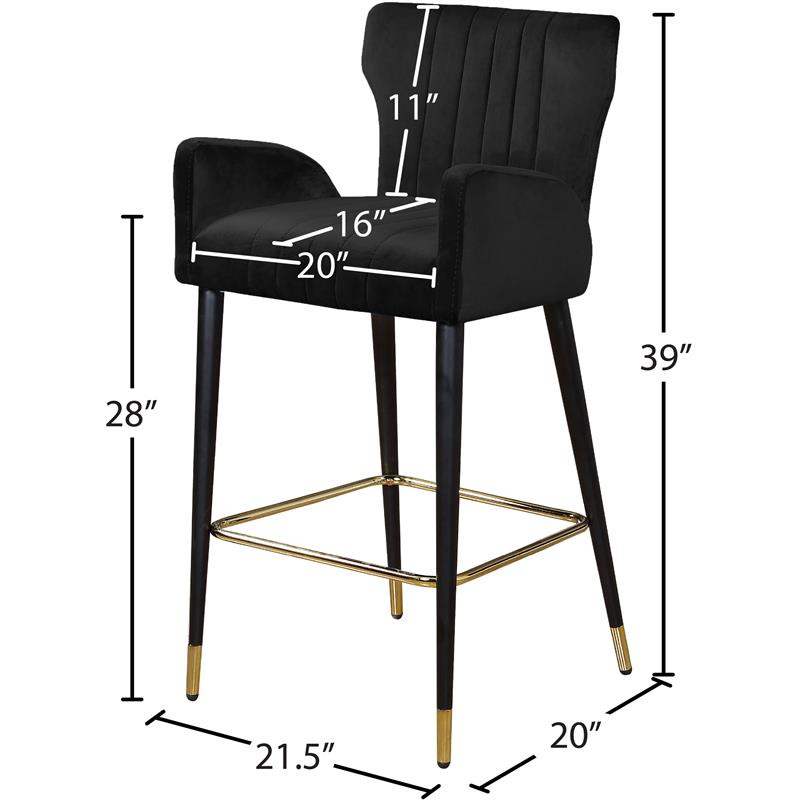 Maklaine Velvet Bar Stool Chair Set of 2 in Black - Semi-circle Seat & Footrest