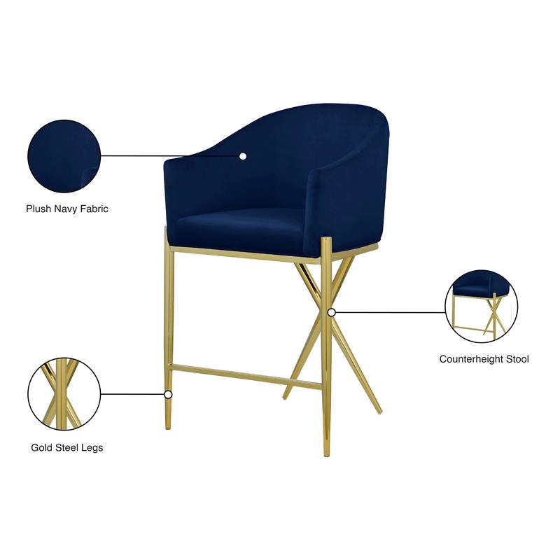 Maklaine Contemporary Velvet Counter Stool in Rich Navy/Gold