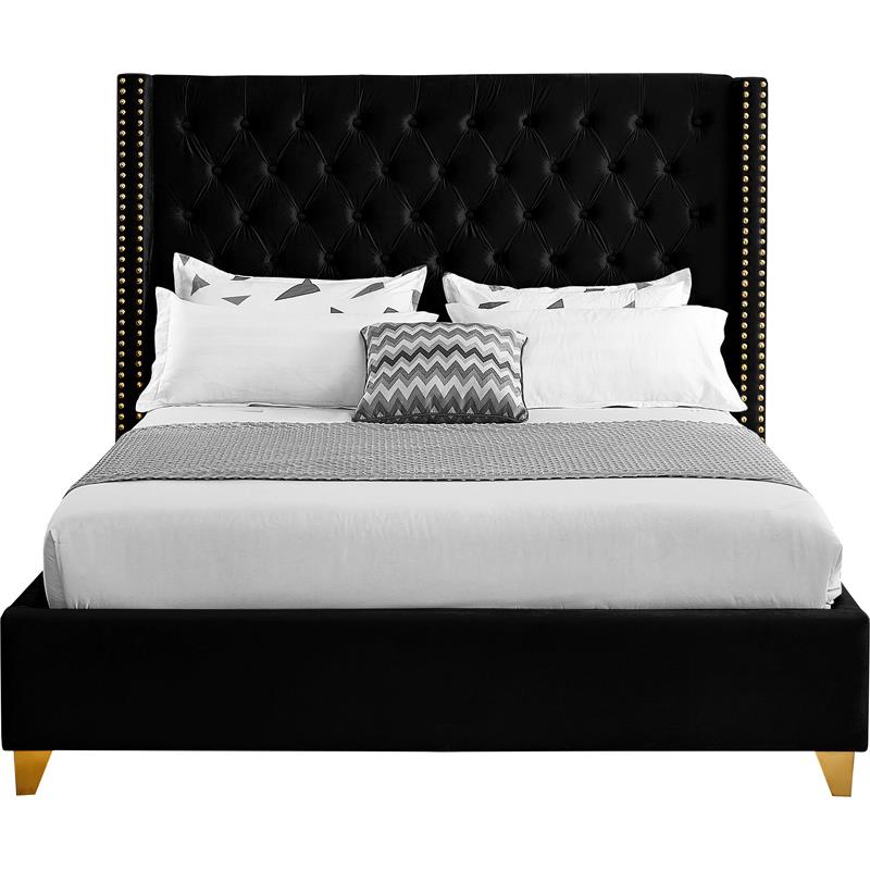 Maklaine Contemporary Upholstery Black Velvet Queen Bed
