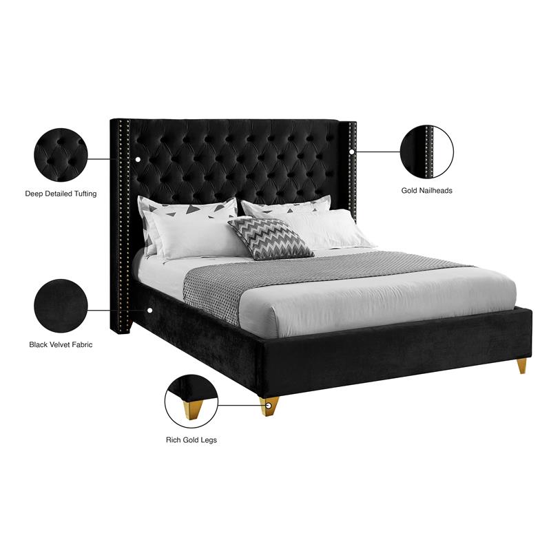 Maklaine Contemporary Upholstery Black Velvet Queen Bed