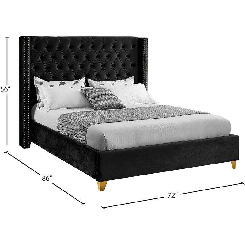Maklaine Contemporary Upholstery Black Velvet Queen Bed