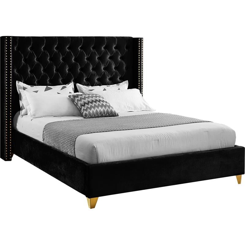 Maklaine Contemporary Upholstery Black Velvet Queen Bed