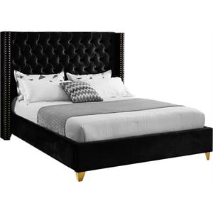 Maklaine Contemporary Upholstery Black Velvet Queen Bed