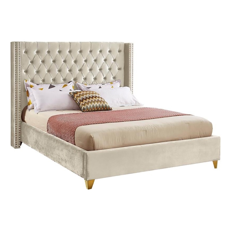 Maklaine Velvet Cream Queen Bed Wing Design Deep Tufted 56