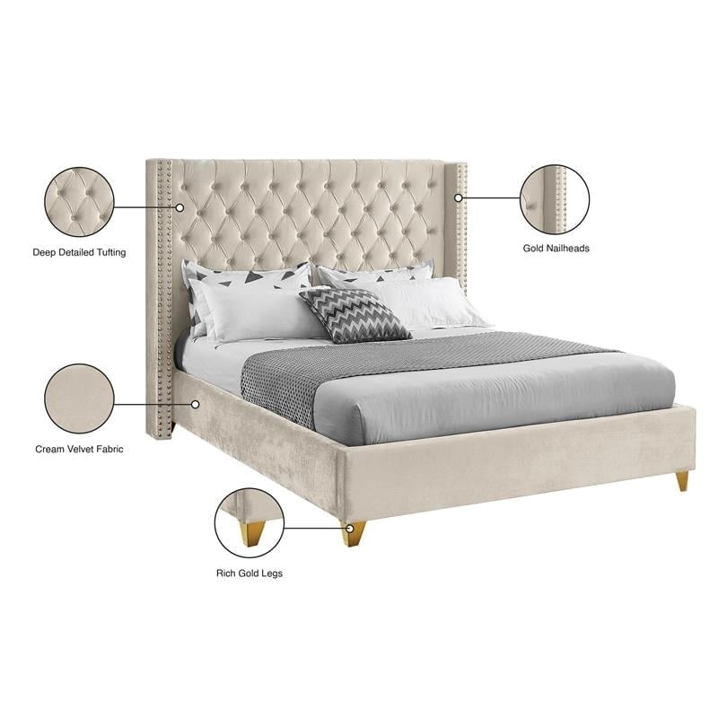 Maklaine Velvet Cream Queen Bed Wing Design Deep Tufted 56
